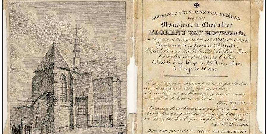 Bidprentje van Florent van Ertborn met een tekening van de Onze-Lieve-Vrouwekerk in Hoboken waar hij zijn laatste rustplaats heeft, 1840